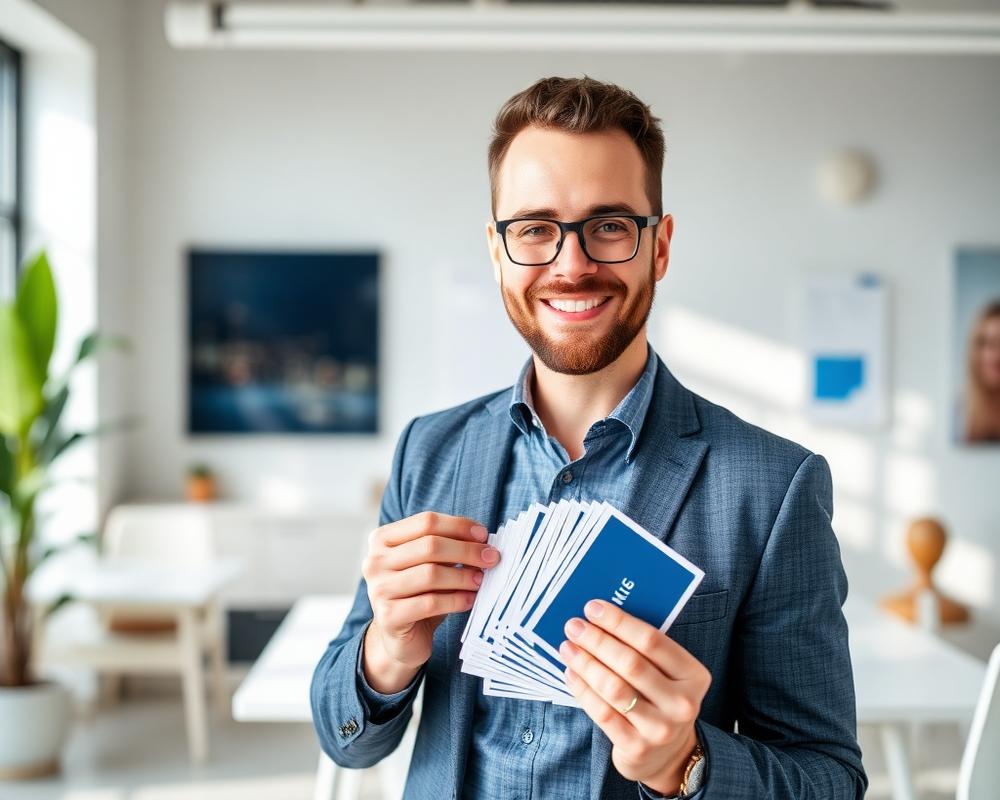 Reseller holding a fan of Tap2Review NFC review cards